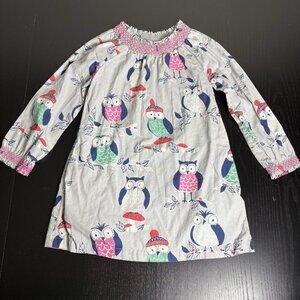 MINI BODEN Girls 4-5 Owl Print Cotton Dress Gray/Multicolor Long Sleeve